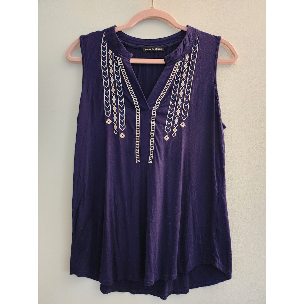 Cable‎ & Gauge Navy Embroidered Split Neck Sleeveless Knit Top S